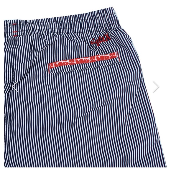 NWOT, Eight X Men’s Navy Stripe Print Trunks, Large - Picture 4 of 5